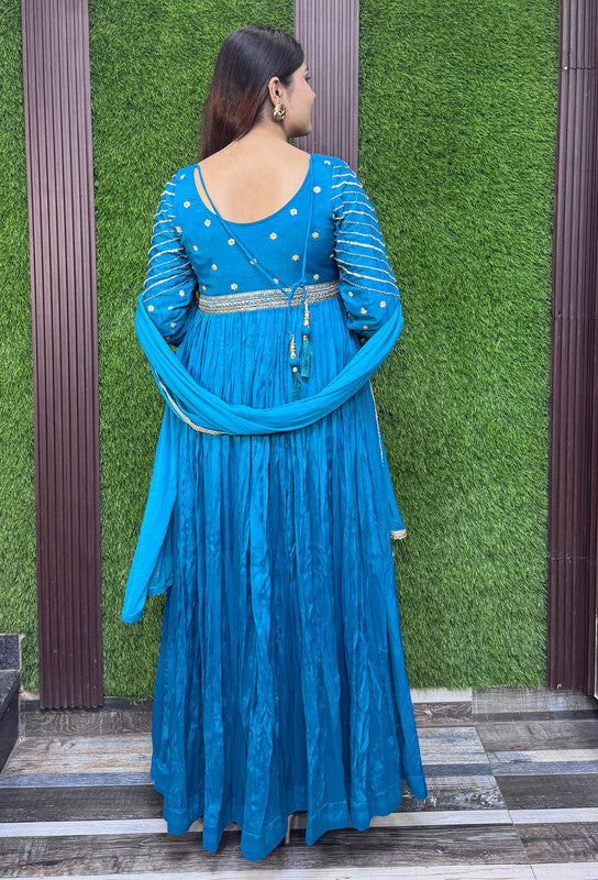 Pure Chinnon Silk Anarkali Embroidered Full Sleeves Suit Set with Slik Dupatta