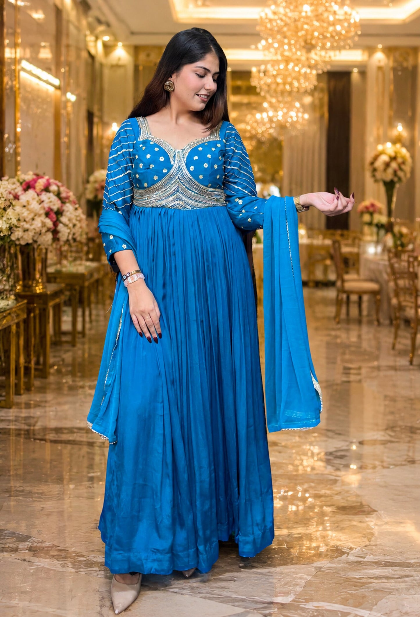 Pure Chinnon Silk Anarkali Embroidered Full Sleeves Suit Set with Slik Dupatta