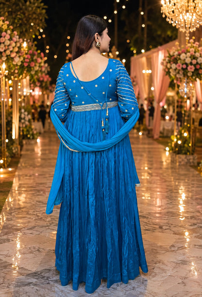Pure Chinnon Silk Anarkali Embroidered Full Sleeves Suit Set with Slik Dupatta