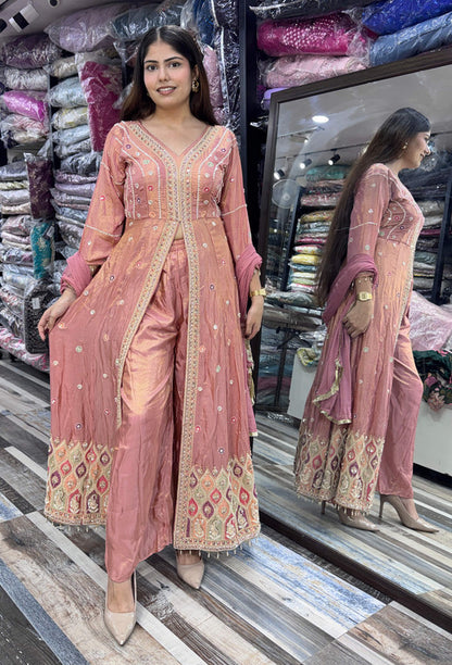 Designer Front-Slit Handwork Anarkali Trouser Style Silk Suit with Chinnon Silk Dupatta