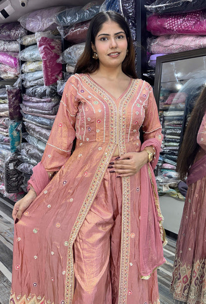 Designer Front-Slit Handwork Anarkali Trouser Style Silk Suit with Chinnon Silk Dupatta