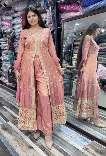 Designer Front-Slit Handwork Anarkali Trouser Style Silk Suit with Chinnon Silk Dupatta