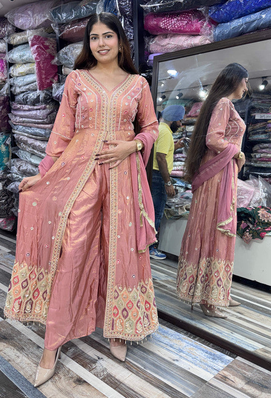 Designer Front-Slit Handwork Anarkali Trouser Style Silk Suit with Chinnon Silk Dupatta
