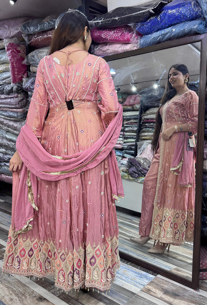 Designer Front-Slit Handwork Anarkali Trouser Style Silk Suit with Chinnon Silk Dupatta