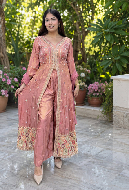 Designer Front-Slit Handwork Anarkali Trouser Style Silk Suit with Chinnon Silk Dupatta