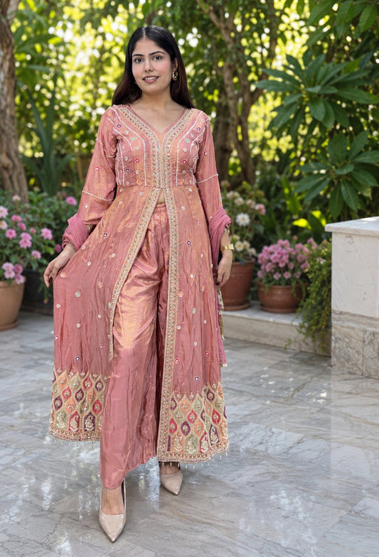 Designer Front-Slit Handwork Anarkali Trouser Style Silk Suit with Chinnon Silk Dupatta