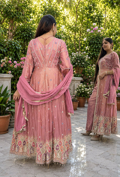 Designer Front-Slit Handwork Anarkali Trouser Style Silk Suit with Chinnon Silk Dupatta