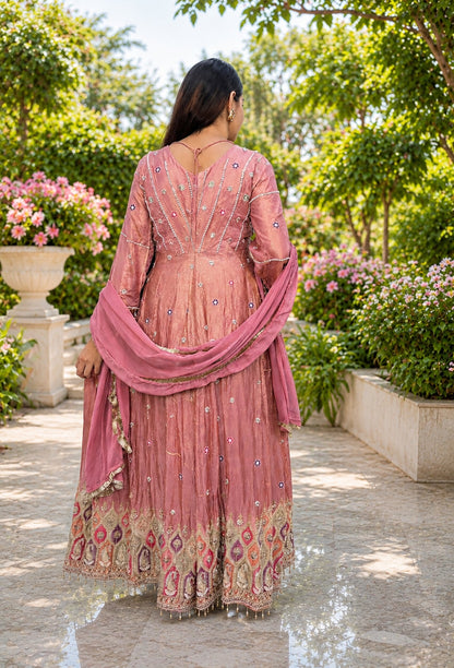 Designer Front-Slit Handwork Anarkali Trouser Style Silk Suit with Chinnon Silk Dupatta