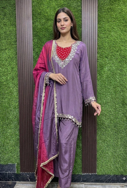 Real Mirror Work Pure Crepe Farshi Salwar Suit Set with Tie Die Chiffon Duppatta