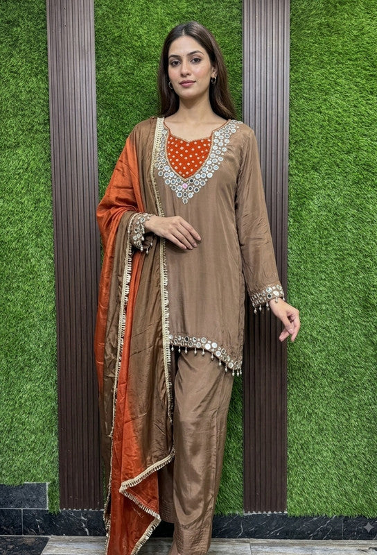 Real Mirror Work Pure Crepe Farshi Salwar Suit Set with Tie Die Chiffon Duppatta