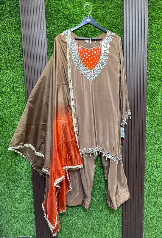 Real Mirror Work Pure Crepe Farshi Salwar Suit Set with Tie Die Chiffon Duppatta