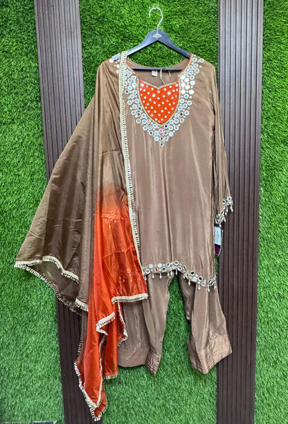 Real Mirror Work Pure Crepe Farshi Salwar Suit Set with Tie Die Chiffon Duppatta