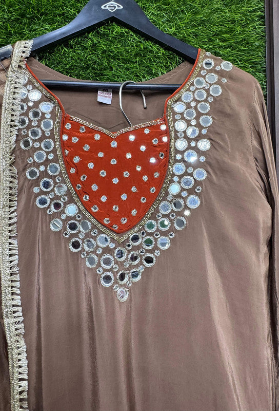 Real Mirror Work Pure Crepe Farshi Salwar Suit Set with Tie Die Chiffon Duppatta