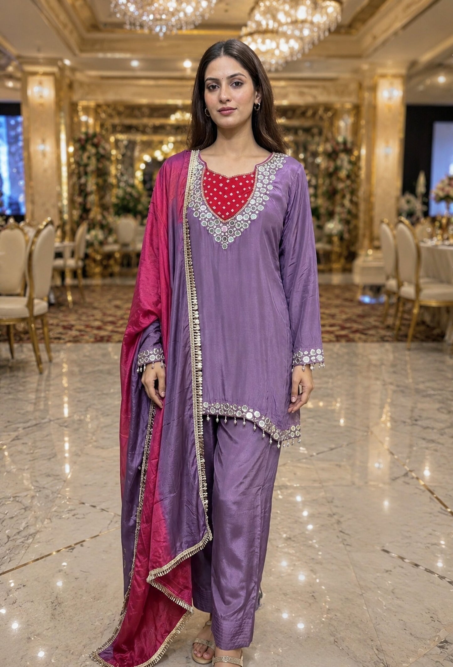 Real Mirror Work Pure Crepe Farshi Salwar Suit Set with Tie Die Chiffon Duppatta