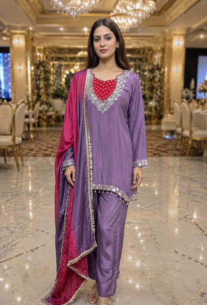 Real Mirror Work Pure Crepe Farshi Salwar Suit Set with Tie Die Chiffon Duppatta