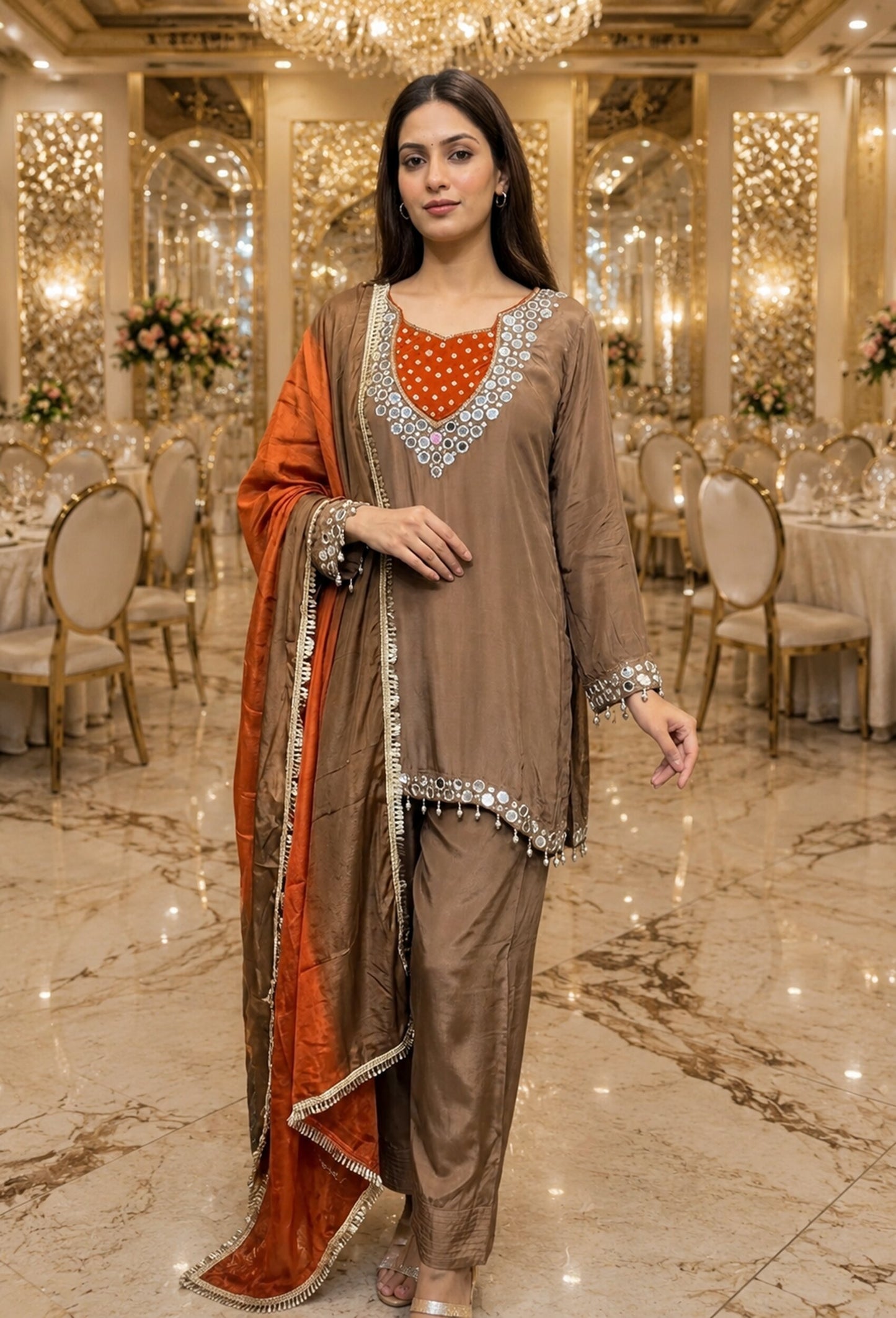 Real Mirror Work Pure Crepe Farshi Salwar Suit Set with Tie Die Chiffon Duppatta