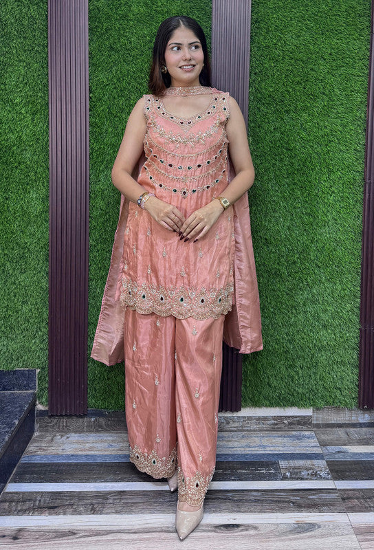 Emerald Stone Embellished Sharara Suit in Shimmer Tissue With Choker Neck Dupatta
