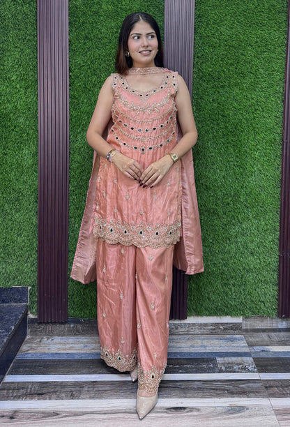 Emerald Stone Embellished Sharara Suit in Shimmer Tissue With Choker Neck Dupatta