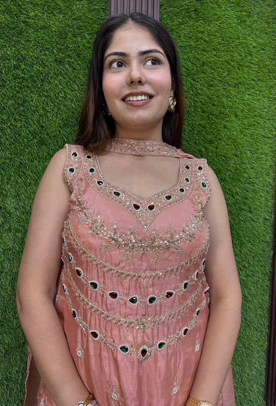 Emerald Stone Embellished Sharara Suit in Shimmer Tissue With Choker Neck Dupatta