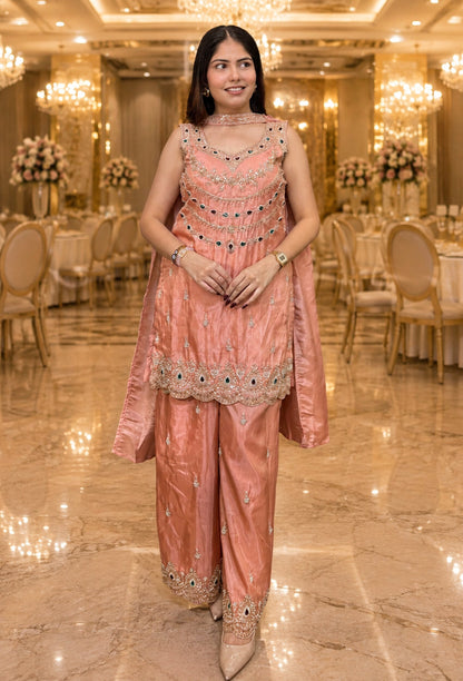 Emerald Stone Embellished Sharara Suit in Shimmer Tissue With Choker Neck Dupatta