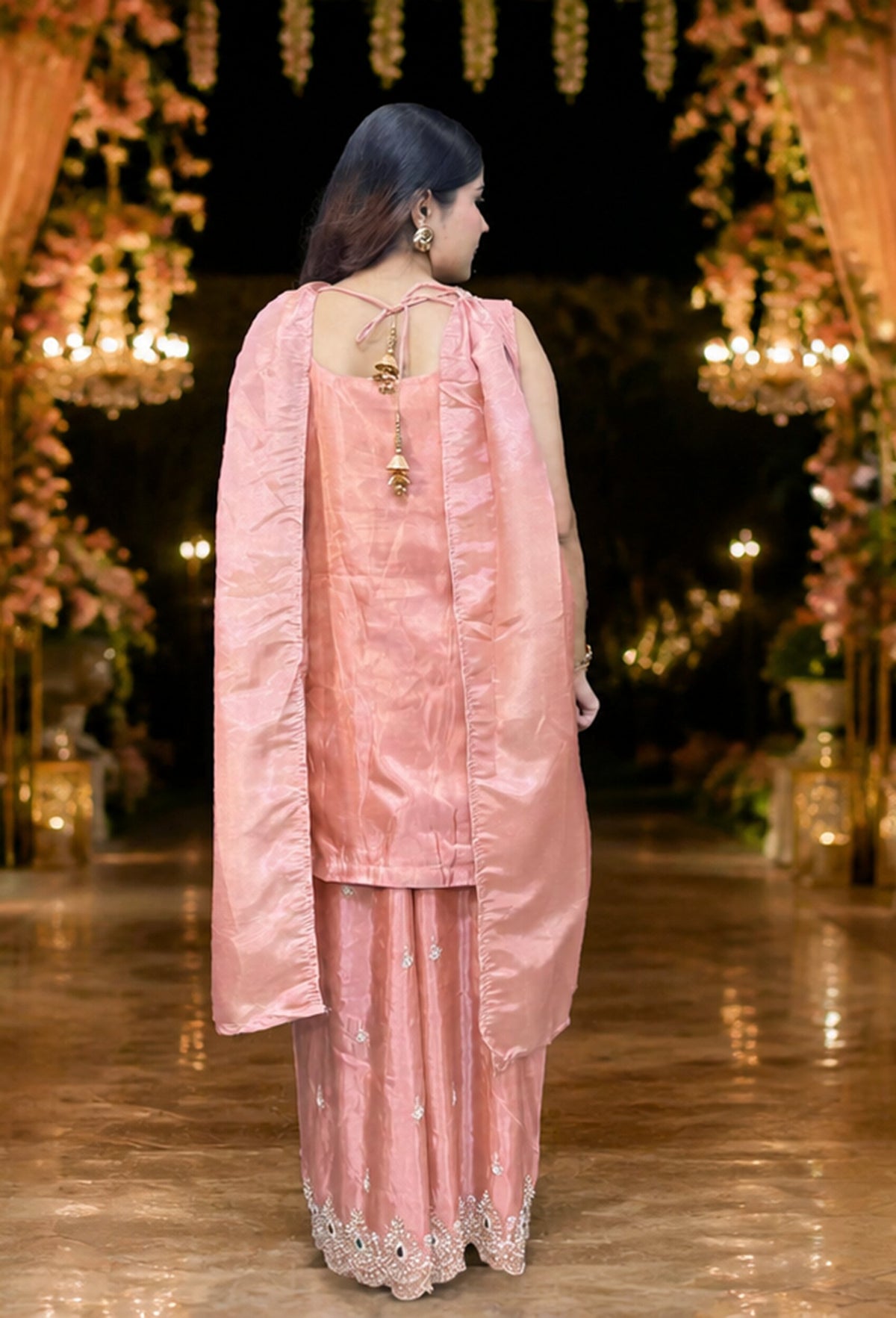 Emerald Stone Embellished Sharara Suit in Shimmer Tissue With Choker Neck Dupatta