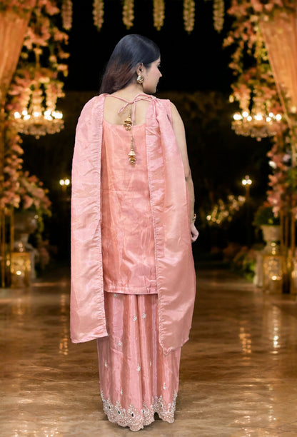 Emerald Stone Embellished Sharara Suit in Shimmer Tissue With Choker Neck Dupatta
