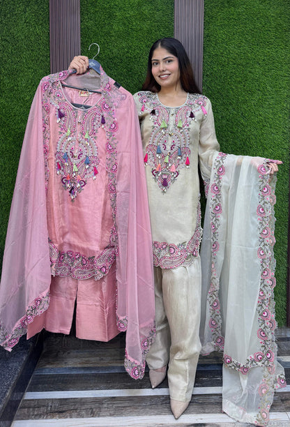 Designer Multi-Embroidered Thread Work Farshi Salwar Suit with Dupatta
