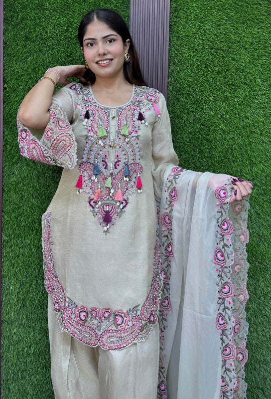 Designer Multi-Embroidered Thread Work Farshi Salwar Suit with Dupatta