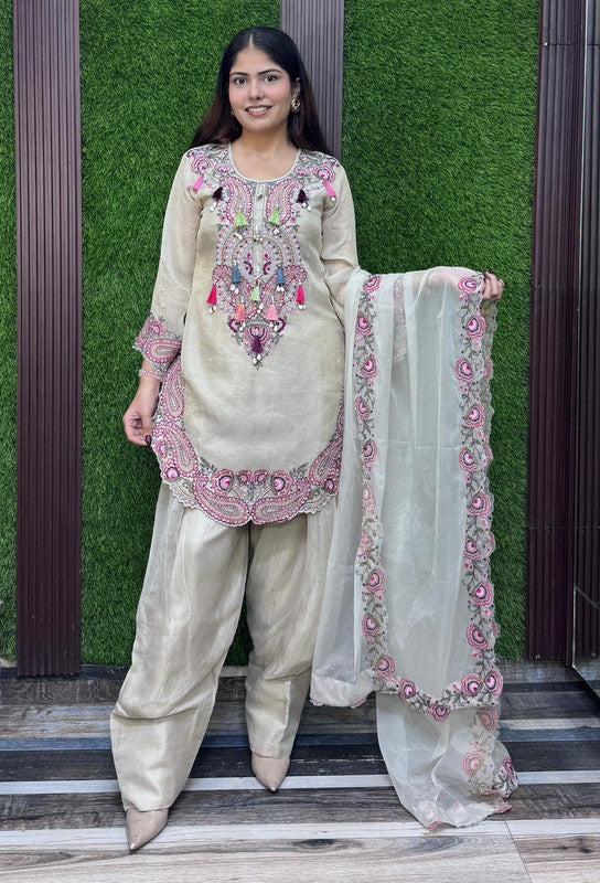 Designer Multi-Embroidered Thread Work Farshi Salwar Suit with Dupatta