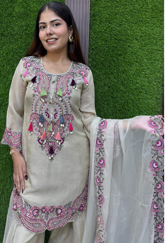 Designer Multi-Embroidered Thread Work Farshi Salwar Suit with Dupatta
