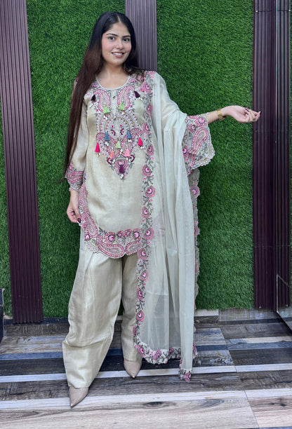 Designer Multi-Embroidered Thread Work Farshi Salwar Suit with Dupatta