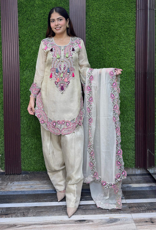 Designer Multi-Embroidered Thread Work Farshi Salwar Suit with Dupatta