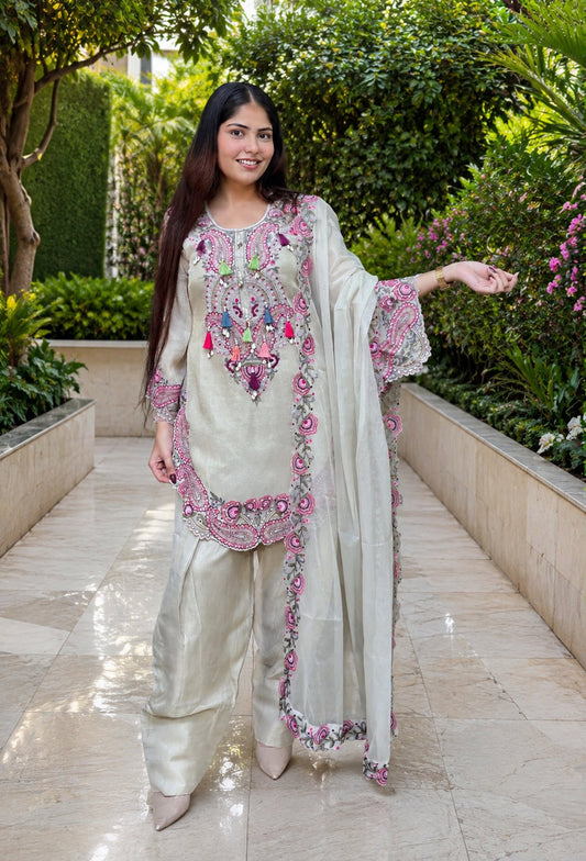Designer Multi-Embroidered Thread Work Farshi Salwar Suit with Dupatta