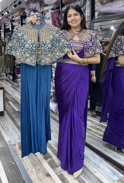 Pure Girlish Hand-Embellished Ready-to-Wear Lycra Drape Saree with Belt