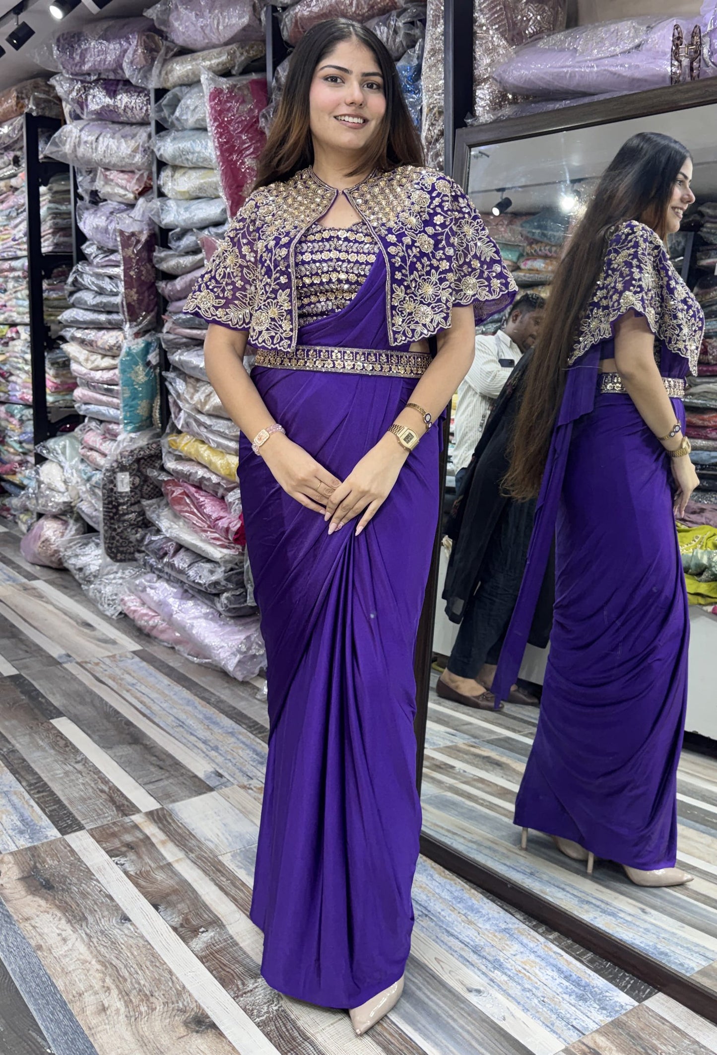 Pure Girlish Hand-Embellished Ready-to-Wear Lycra Drape Saree with Belt