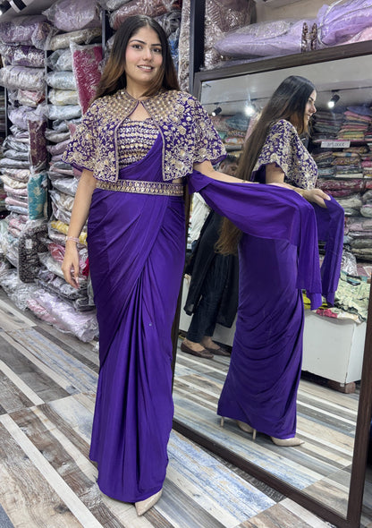 Pure Girlish Hand-Embellished Ready-to-Wear Lycra Drape Saree with Belt