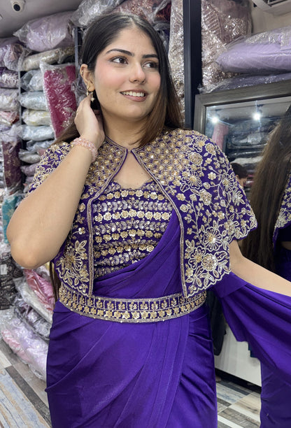 Pure Girlish Hand-Embellished Ready-to-Wear Lycra Drape Saree with Belt