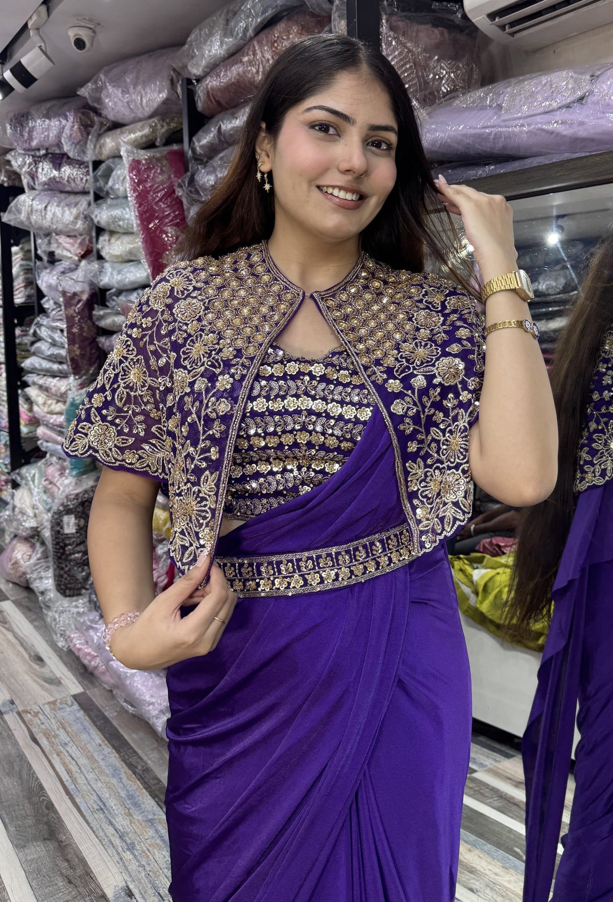 Pure Girlish Hand-Embellished Ready-to-Wear Lycra Drape Saree with Belt