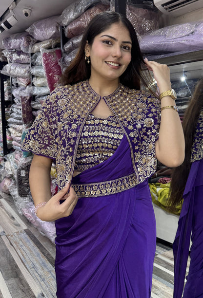 Pure Girlish Hand-Embellished Ready-to-Wear Lycra Drape Saree with Belt