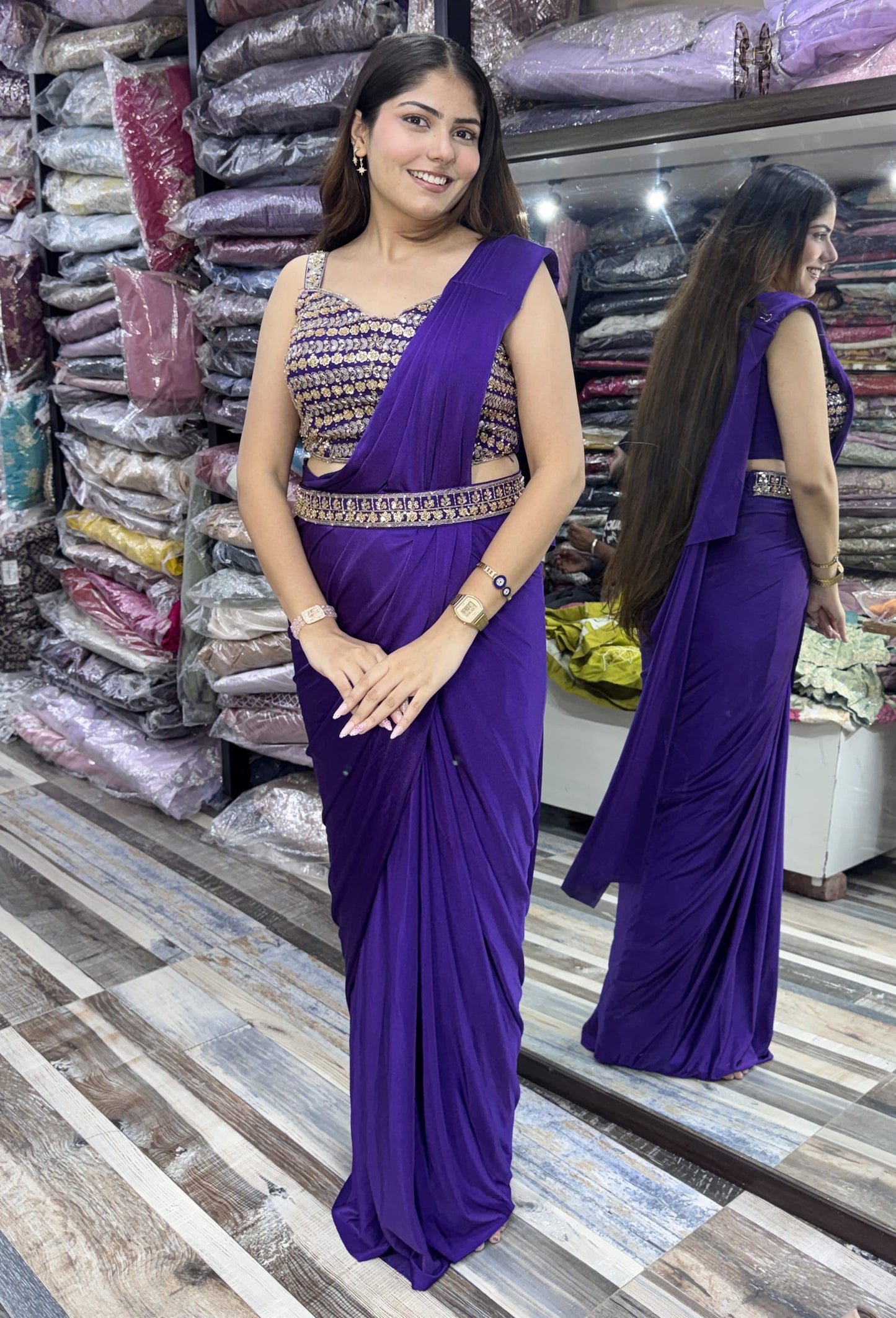 Pure Girlish Hand-Embellished Ready-to-Wear Lycra Drape Saree with Belt