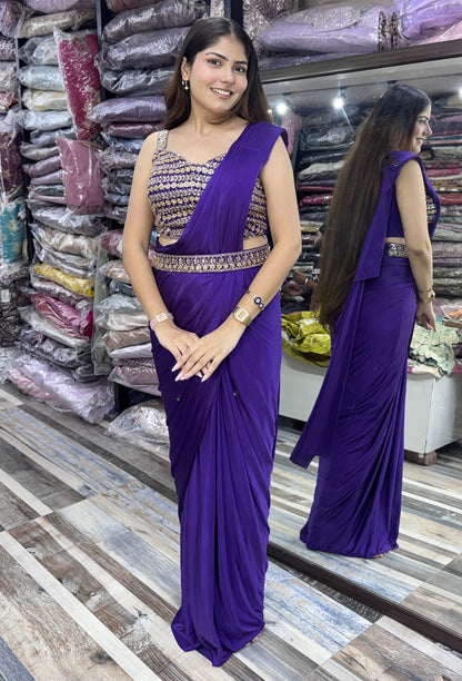 Pure Girlish Hand-Embellished Ready-to-Wear Lycra Drape Saree with Belt