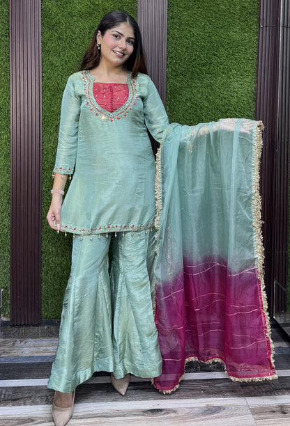 Designer Silk Suit Set with Organza Tie Die Dupatta