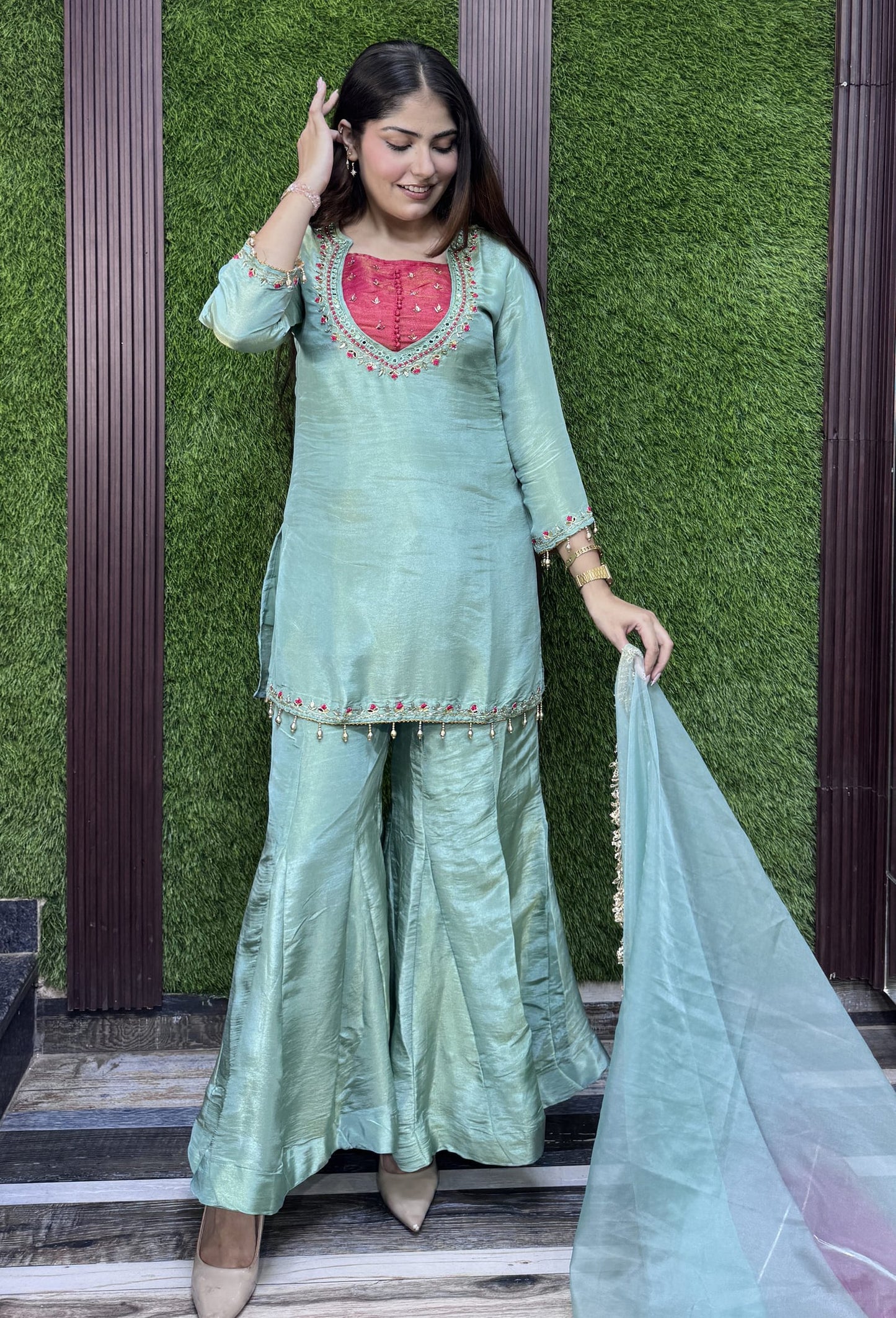 Designer Silk Suit Set with Organza Tie Die Dupatta