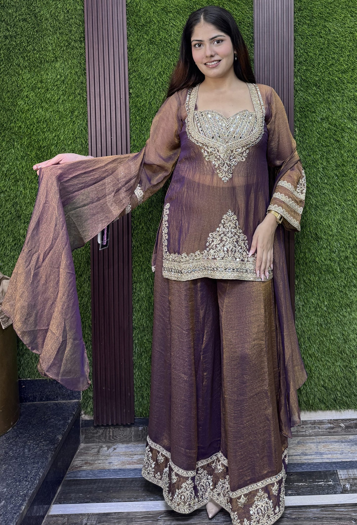 Bustier Style Partywear Co-ord Set with  Palazzo and Bordered Dupatta