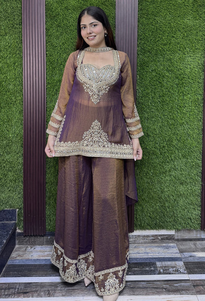 Bustier Style Partywear Co-ord Set with  Palazzo and Bordered Dupatta