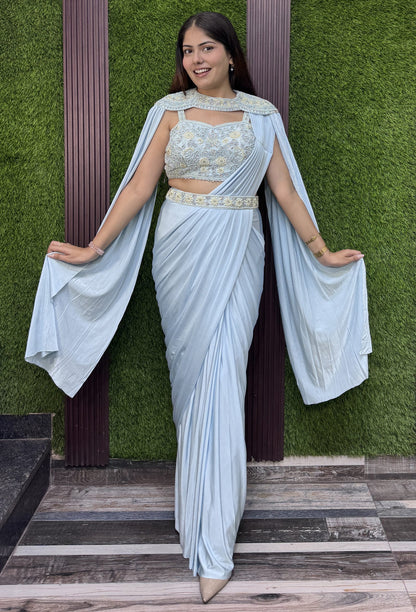Ready to Wear Drape Saree with Pearl Beaded Blouse Cape and Waist Belt