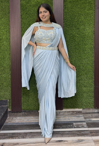 Ready to Wear Drape Saree with Pearl Beaded Blouse Cape and Waist Belt