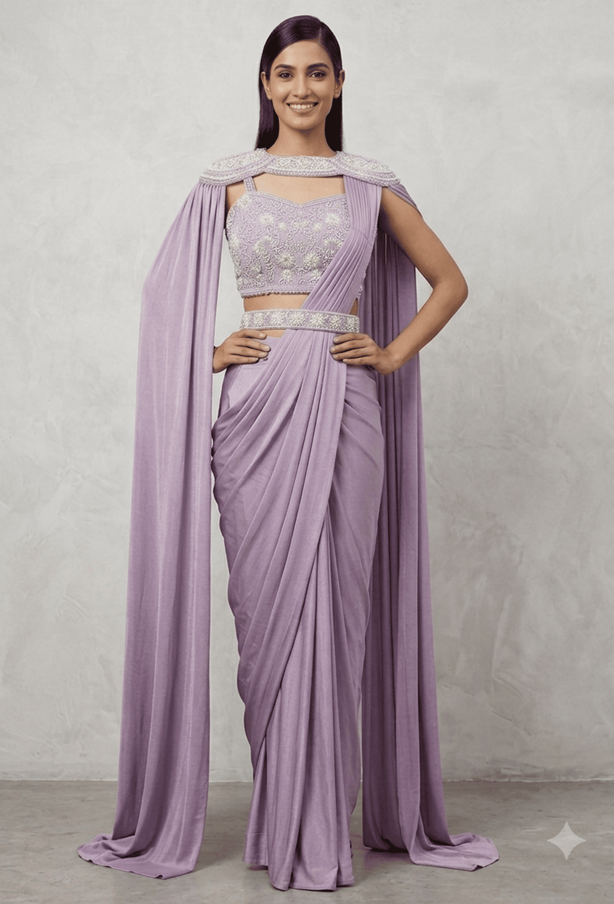 Ready to Wear Drape Saree with Pearl Beaded Blouse Cape and Waist Belt