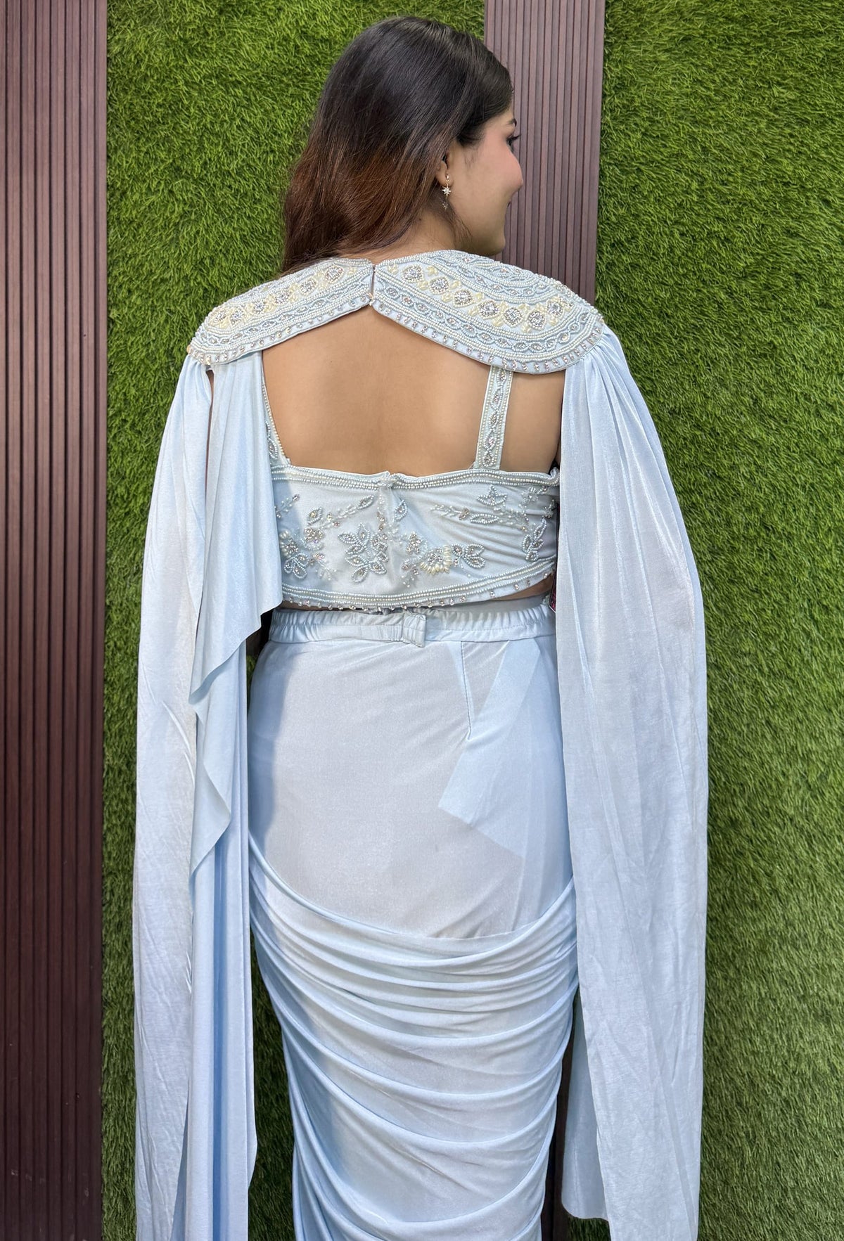 Ready to Wear Drape Saree with Pearl Beaded Blouse Cape and Waist Belt
