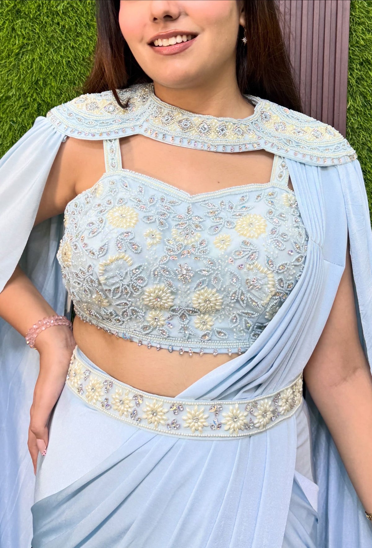 Ready to Wear Drape Saree with Pearl Beaded Blouse Cape and Waist Belt